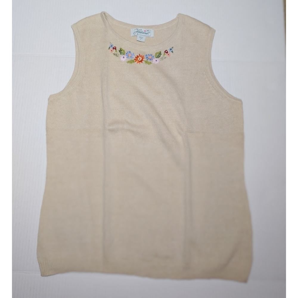 Haband Womens NEW w/Tags Sleeveless Flower Embroidered Tan Sweater - sz. L